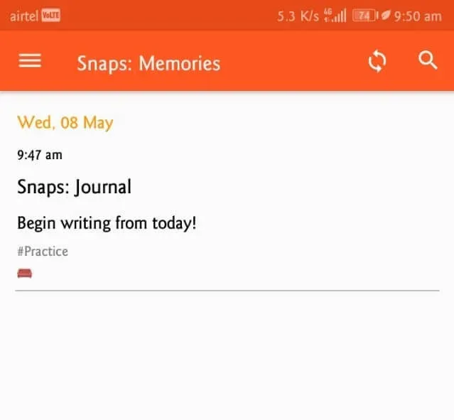 App journal entry when opened screenshot
